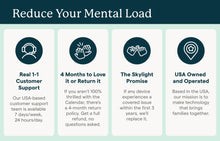 Load image into Gallery viewer, Skylight Calendar customer benefits including 24/7 USA-based support, 4-month return policy, 3-year warranty promise, and USA-owned operations.